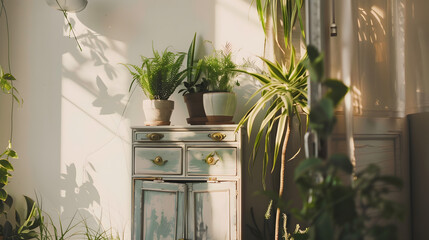 Nice and retro space of home interior with  vintage cupboard with elegant gold accessories a lot of plants in stylish pots Cozy home decor Minimalistic concept Home garden Copy space T : Generative AI