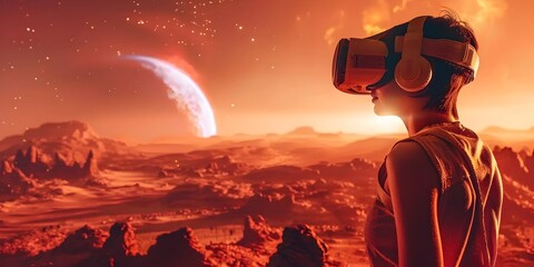 Wall Mural - interstellar frontier voyaging through a futuristic martian colony in immersive virtual reality