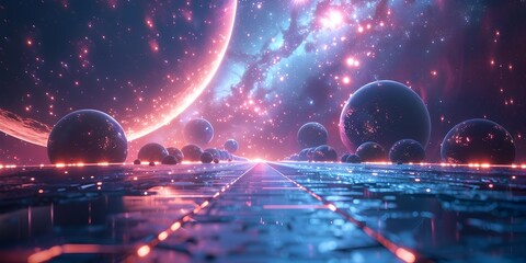 Wall Mural - stunning sci fi landscape with glowing planets and cosmic atmospheres