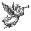 © Oleksandr Pokusai - angel with majestic wings playing a horn trumpet, set against radiant light sketch engraving generative ai fictional character vector illustration. Scratch board imitation. Black and white image.