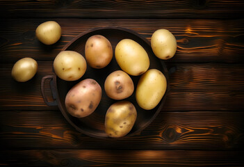 Wall Mural - Fresh potato in the black bowl on a wooden background