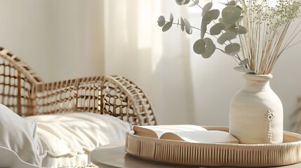 Wall Mural - Wicker tray and open book close to eucalyptus branch in ceramic vase on side table Bohemian design of living room with beige soft chair with cushion and white plaid : Generative AI