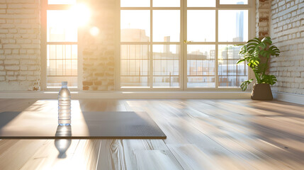 Empty Stylish Loft Apartment With Big Window Sun Shinning on Spacious and Bright Living Room With Yoga Mat and Bottle of Water Laying on the Floor Preperation For Online Workout Concep : Generative AI