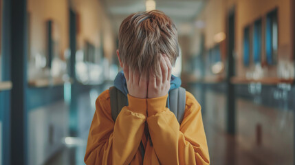 Upset boy covered his face with his hands, standing alone in the school corridor. Difficulties, emotions, bullying at school