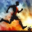 football player runs after the ball against the backdrop of sunset, background watercolor illustration, gradient