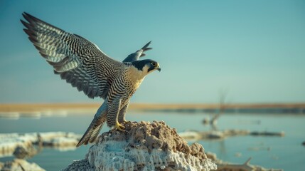 Poster - Peregrine falcon unfurling its wings and soaring above the Sambhar salt lake in Rajasthan