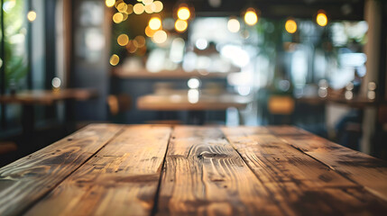 Wall Mural - Empty wood table with blur interior coffee shop restaurant or cafe for background : Generative AI