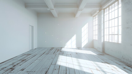 Aufkleber - Modern sunny empty loft room with white wall and wooden floor 3D Render : Generative AI