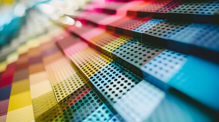 Aufkleber - palette of colors designs for interior works samples of plastics PVC for furnishing artificial stone perforated metal coated with a polymer and architectural plans for houses : Generative AI