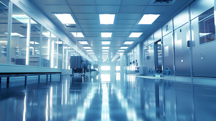Leinwandbilder - Wide shot of Bright Advanced Semiconductor Production Fab Cleanroom with Working Overhead Wafer Transfer System Computer Chip Manufacturing Process : Generative AI
