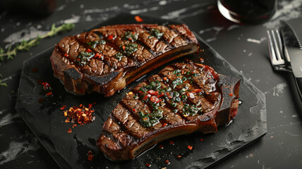 Sticker - Two grilled ribeye steaks with seasoning on black slate