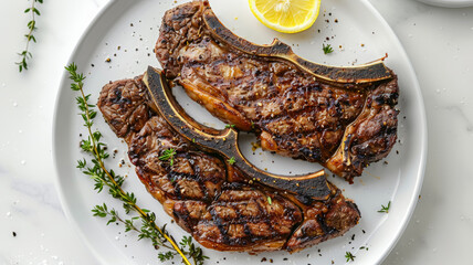 Wall Mural - Two grilled ribeye steaks with lemon and herbs on a white plate.