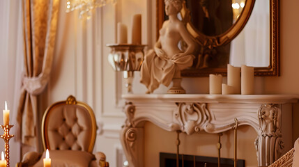 Wall Mural - Close up shot of beige soft chair in classic style near decorative fireplace Bust figurine metal candlestick with candles and mirror with golden frame in living room with elegant inter : Generative AI