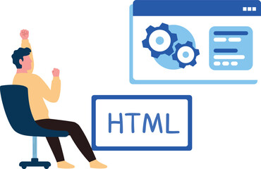 The guy is coding HTML.