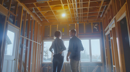 Interior designer and couple meeting in house under construction : Generative AI