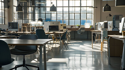 Aufkleber - Modern office space with tables and chairs computers and office supplies with no employees : Generative AI