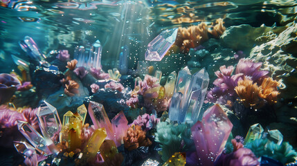 Underwater scene with vibrant crystals and coral reefs illuminated by sunlight.