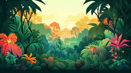 tropical jungle flat design front view exotic theme cartoon drawing Splitcomplementary color scheme