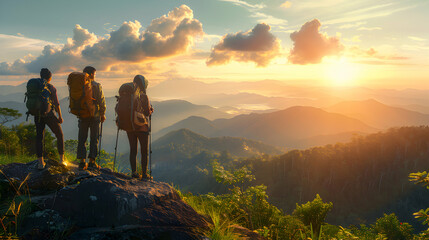 Group hiking in a national park promoting eco tourism: showcasing nature beauty and responsible travel