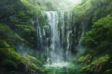 A spectacular waterfall plunging into an emerald pool below, surrounded by verdant foliage, moss-covered rocks, and misty spray, creating a mesmerizing tableau of natural beauty and aquatic splendor. 