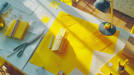 Poster - Interior designers working table an architectural plan of the house a color palette furniture and fabric samples in yellow and grey color Drawings and plans for house decoration : Generative AI