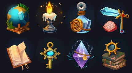 Wall Mural - Elements for computer game interface, isolated witch stuff, modern illustration, icons set. Magic items cartoon crystal, globe, burning candle, ancient silver key, spell book and gold pendant.