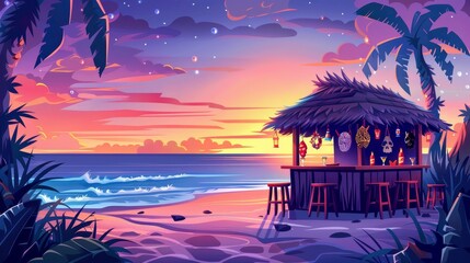 Wall Mural - The tiki bar and wooden hut with tribal masks are set on the sea beach at sunset. Seascape with ocean, palm trees, and cafe are featured in this cartoon tropical landscape at sunset.