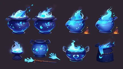 Wall Mural - This is a modern sprite sheet with a witch cauldron, blue magic potion, hand and smoke, and an old boiler with a scary devil face, brew, and steam. This is the modern cartoon sprite sheet.