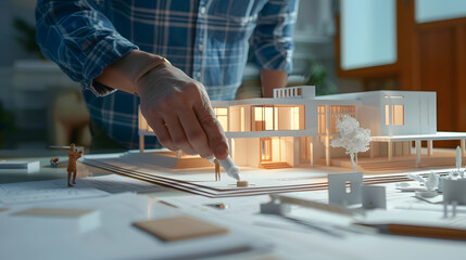 Aufkleber - The home design architects are reviewing the house plan draft the project commissioned by the client and the custom design before delivery Interior design and decoration ideas : Generative AI