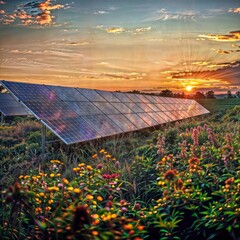 Wall Mural - Stunning sunset over a solar farm with rows of photovoltaic panels amidst a field of vibrant wildflowers, showcasing the beauty of renewable energy and nature.