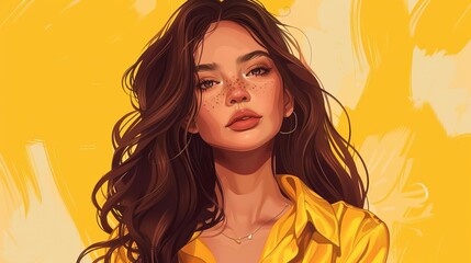 Wall Mural - beautiful young woman with long brown hair wearing a vibrant yellow shirt portrait illustration