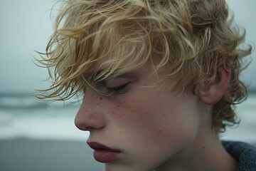 Poster - Close-up of a thoughtful youth with curly hair against a moody beach backdrop