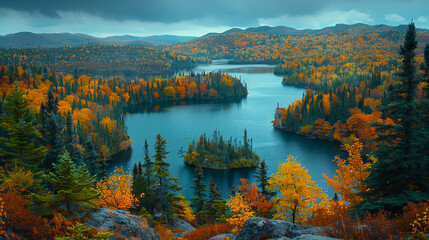 Wall Mural - A lake surrounded by trees and mountains in the fall.