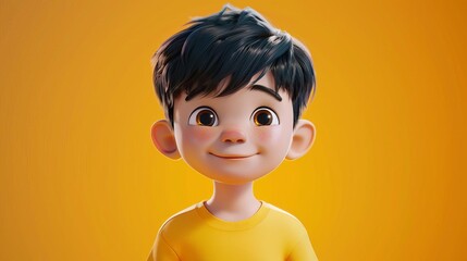 cheerful asian cartoon boy character in vibrant yellow shirt 3d digital illustration