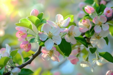 Wall Mural - Vibrant apple blossoms in full bloom with warm sunlight filtering through