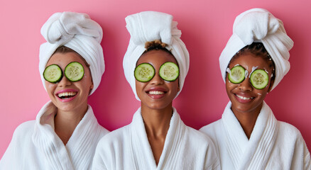 Sticker - Three friends having a spa day, wearing white robes and a towel on their heads with cucumber slices over their eyes smiling big