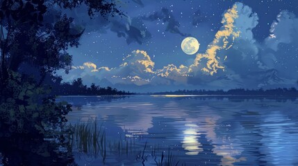 Wall Mural - Moonlit Riverbank: Illustrate a scene of a tranquil riverbank at night, with the moon reflecting on the water's surface, stars twinkling in the sky, and fluffy clouds drifting by. Generative AI