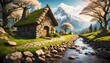 landscape in the village, Beautiful cozy fantasy stone cottage in a spring forest aside a cobblestone path and a babbling brook. Stone wall. Mountains in the distance. Magical tone and feel, hyper rea