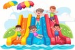 Experience the pure delight of children as they have a blast sliding down colorful inflatable water slides at a vibrant Labor Day fair.