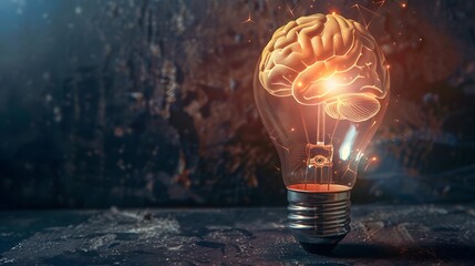 Wall Mural - Human brain glowing inside of light bulb on dark background