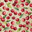 Watercolor cherry in seamless pattern