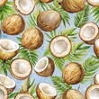 Watercolor coconut and leaves in seamless pattern