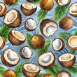 Watercolor coconut and leaves in seamless pattern