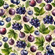 Watercolor grapes, blueberries, and plums in seamless pattern