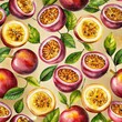 Watercolor passionfruit and leaves in seamless pattern