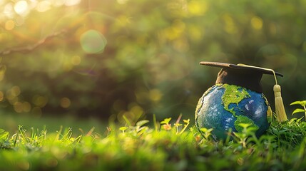 Ecology global Earth day concept with graduation hat on green field background, empty space for text stock photo contest winner, photo of a globe wearing a college cap, in the style of nature photogra