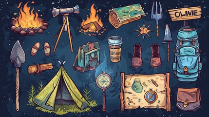 Wall Mural - Camp icons with tent, backpack, map, compass, and fire. Modern set of symbols of hiking equipment, campfire, trailer, shovel, shoes, bowler, and signpost.