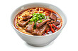 Beef noodle with chili and vegetables in bowl isolated on white background