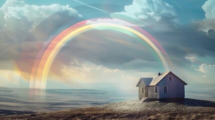 Surreal Hilltop House with Vibrant Rainbow Arch Symbolizing Financial Prosperity and Dreams Generative ai