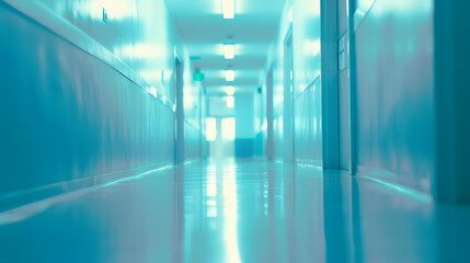 Poster - Bright empty defocused hospital corridor background with copy space : Generative AI